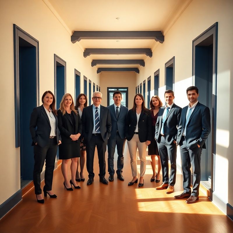 Portret de grup al echipei StrategyBenchmark, opt consultanți într-un coridor de birou luminos